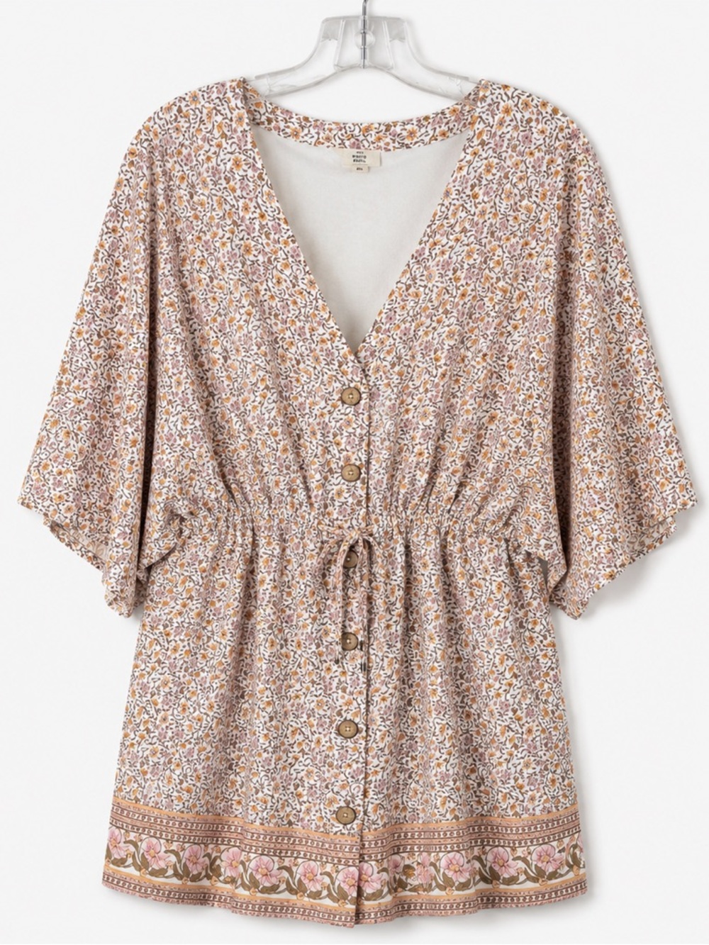 Entro Floral Button Front Dress 2X Drawstring Waist Flutter Sleeve Boho